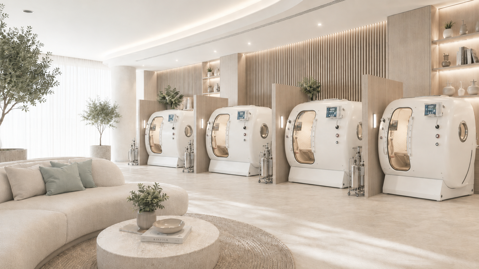 Calm interior of a premium hyperbaric oxygen wellness studio